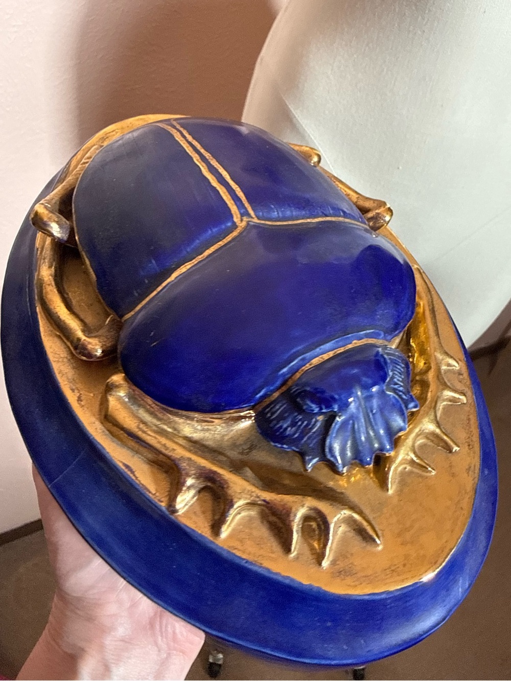 Vintage scarab Egyptian revival blue gold mid century modern decorative dish